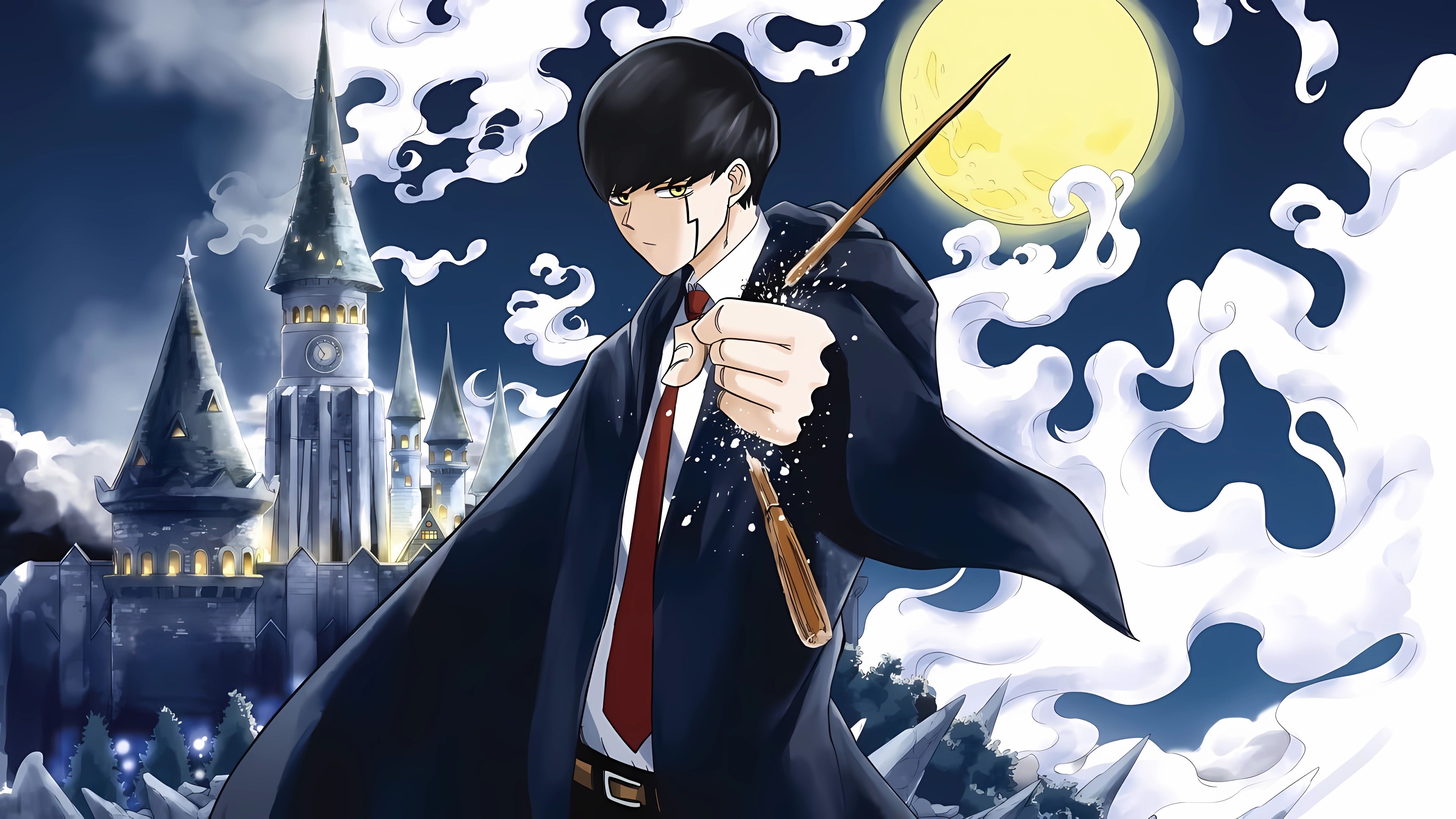 Mashle's Mash standing in front of the school breaking a wizard wand