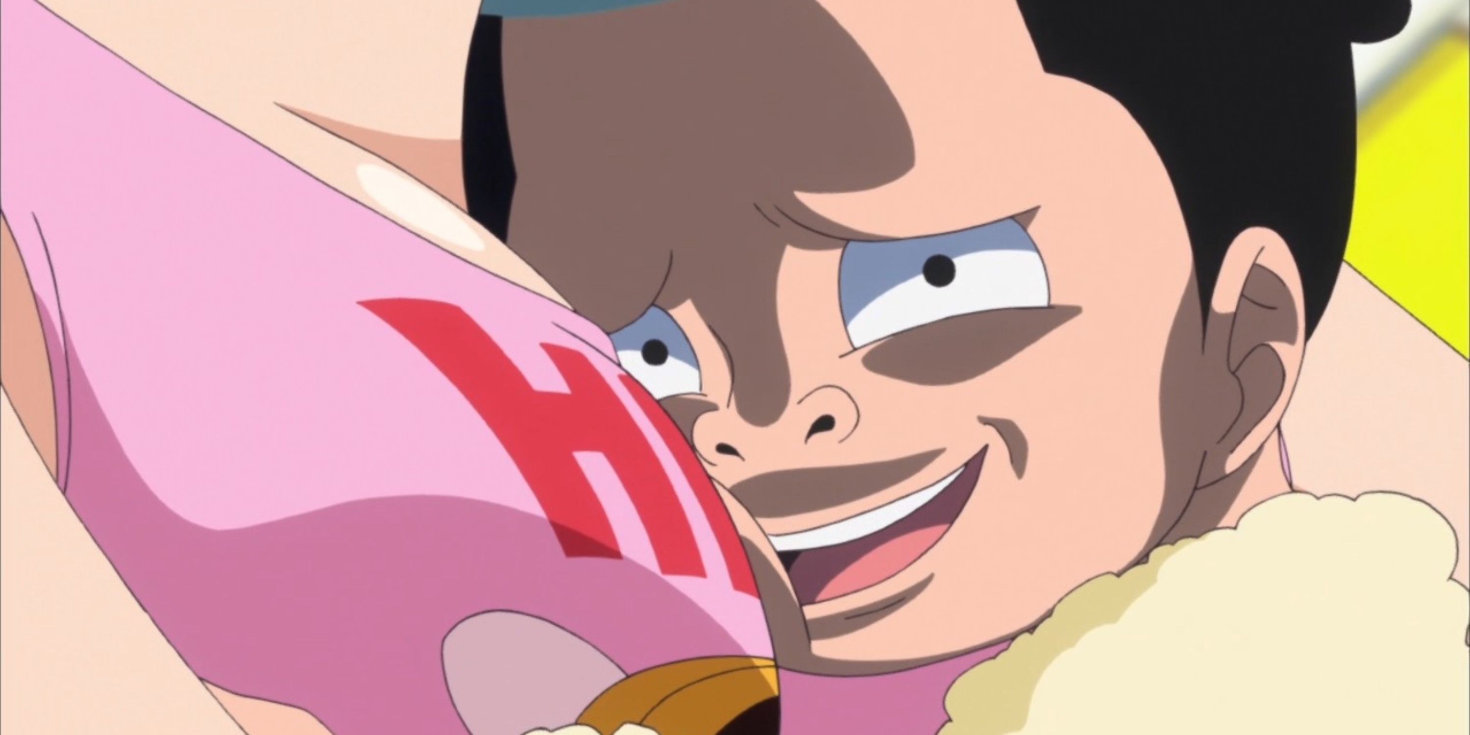 Momonosuke hugs Nami with a sly expression in One Piece