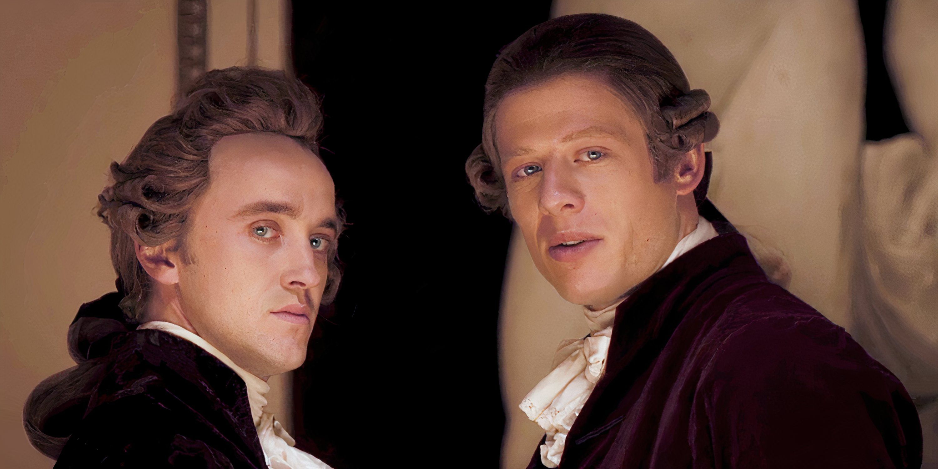 Belle'deki geleneksel peruklarda James Norton ve Tom Felton poz veriyor (2013)