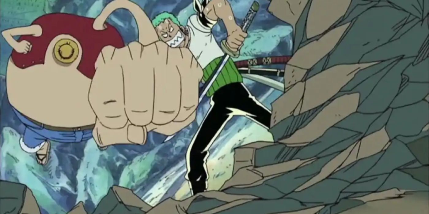 An inflated Luffy punches Zoro during One Piece's Whiskey Peak Arc.