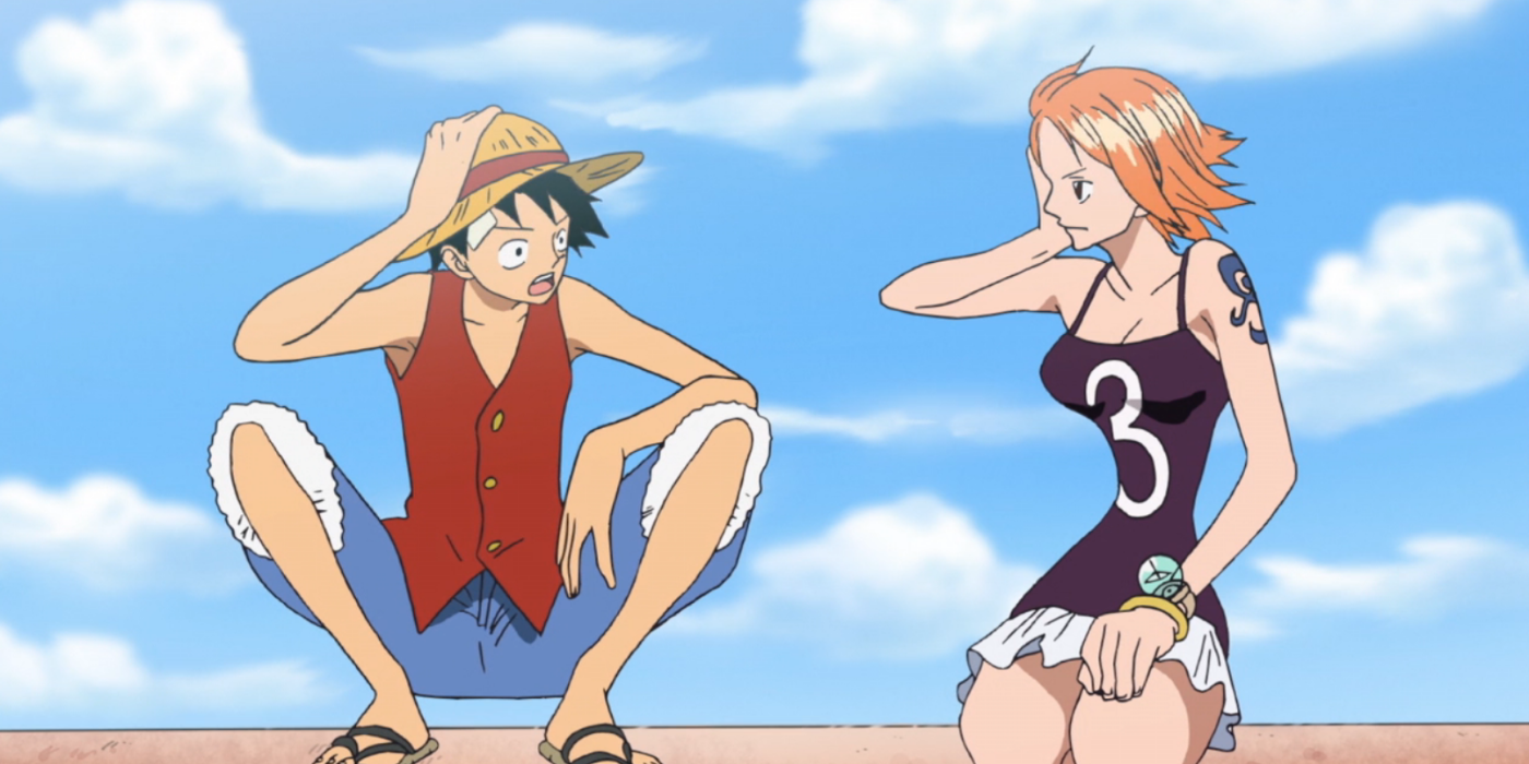 Monkey D. Luffy ve Nami, One Piece'in su 7 arkı sırasında bir çatıda konuşuyorlar.