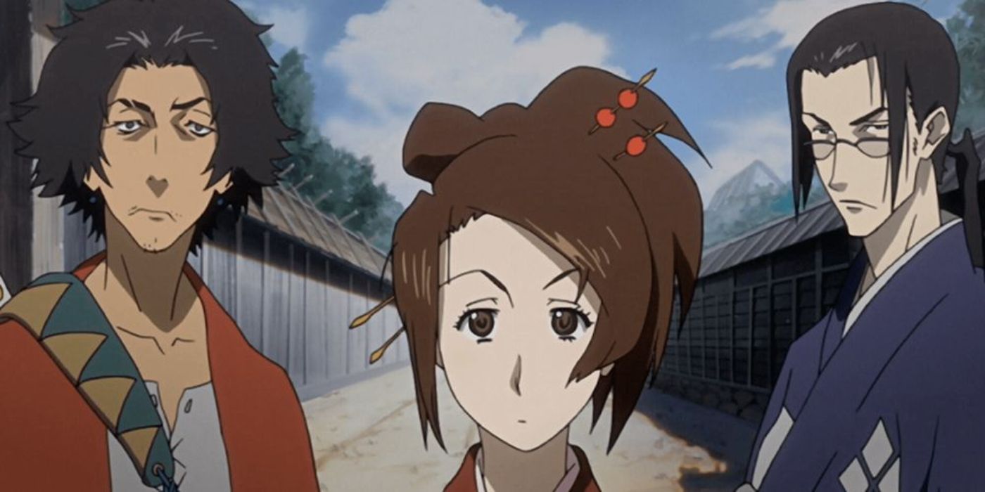 Mugen, Jin y Fu parecen impresionados mientras miran algo fuera de la pantalla en Samurai Champloo.