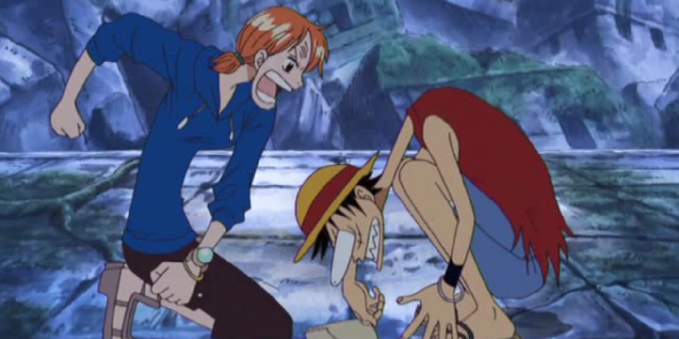 Nami, Monkey D. Luffy'ye One Piece'in Skypiea arkı sırasında çok yüksek olduğu için vuruyor.