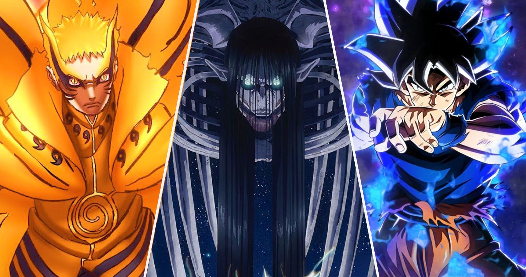 Naruto's Final form, Eren's Final Form, and Ultra instinct Goku from Dragon Ball Super