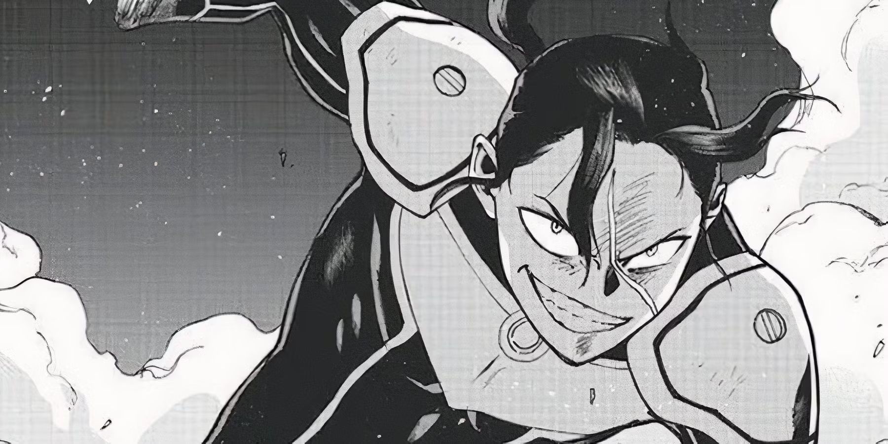 Número 6 el villano sonríe maliciosamente mientras corre en el manga de My Hero Academia: Vigilantes.