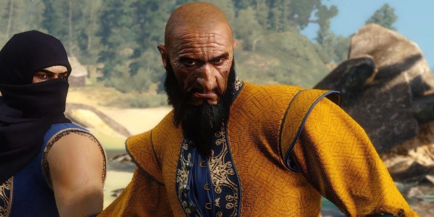 The Ofieri Mage in The Witcher 3 poised for action and backed by an ally behind him.