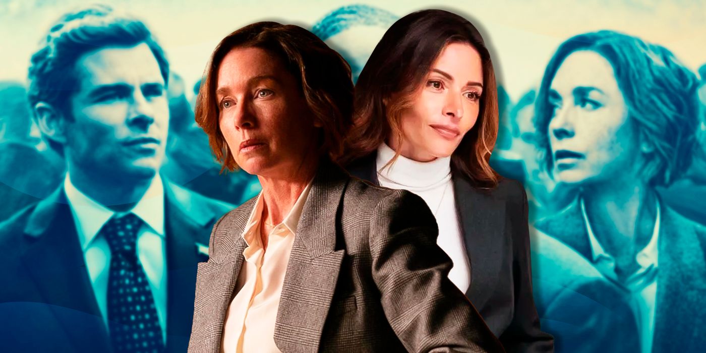 Sinatra (Julianne Nicholson) and Gabriela (Sarah Shahi) in front of Hulu TV show Paradise poster