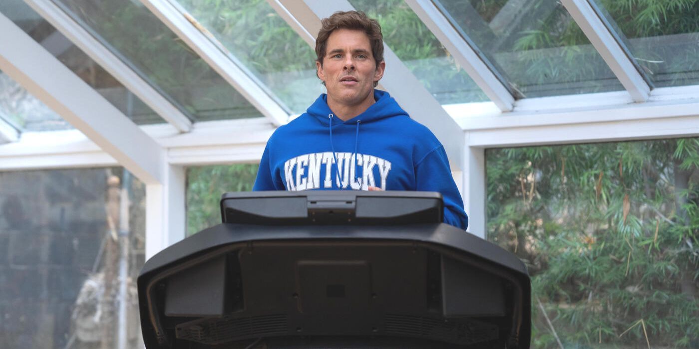 Cal, played by James Marsden, wearing a blue Kentucky sweatshirt, on a treadmill in Hulu's Paradise