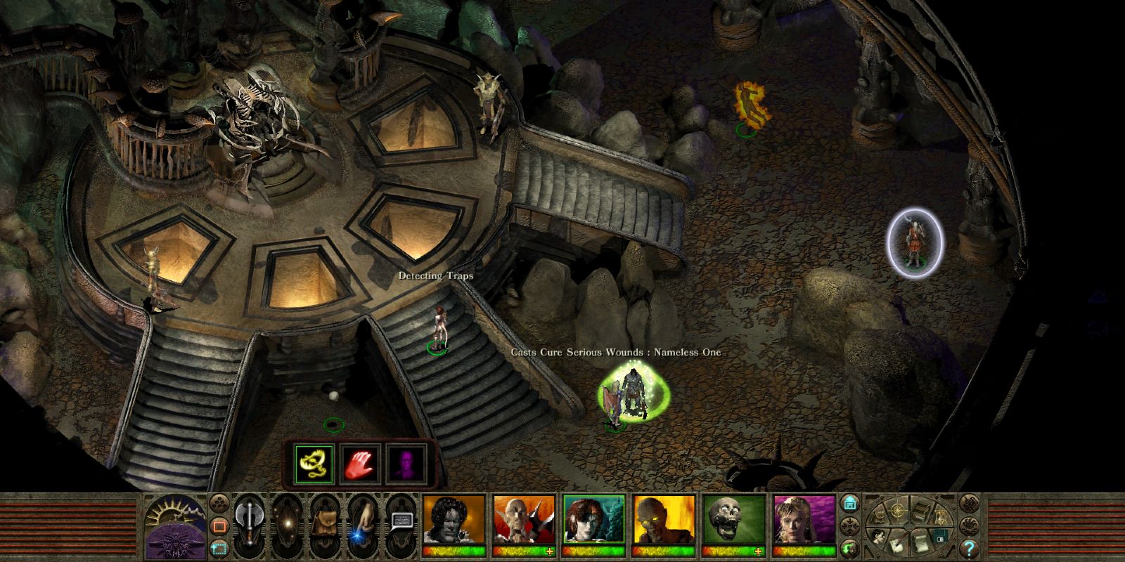 Planescape Torment gameplay within a large underground chamber.