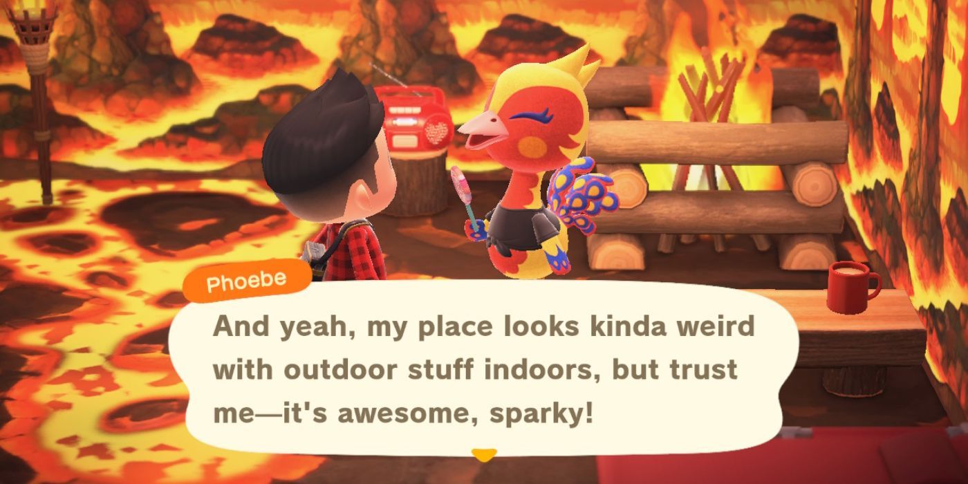 O jogador fala com Phoebe em sua casa com tema de incêndio em Animal Crossing New Horizons.