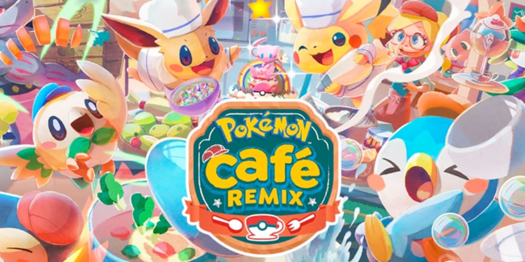 Eevee, Pikachu, Rowlet ve Piplup içeren Pokémon Café Remix Start Screen