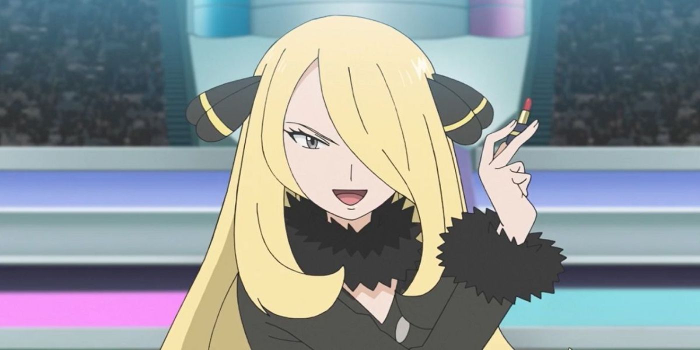 Cynthia está segurando batom enquanto fala durante uma batalha de Pokémon no anime Pokémon.