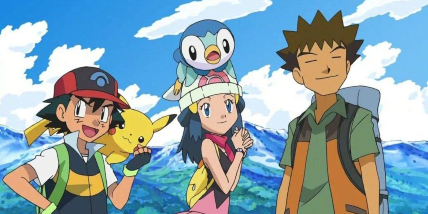 Ash, Dawn e Brock com Pikachu e Piplup no anime Pokemon Diamond e Pearl.