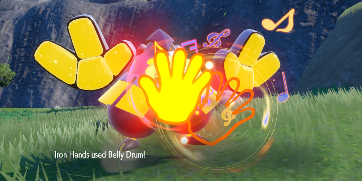 Iron Hands uses Belly Drum in Pokemon Scarlet & Violet.