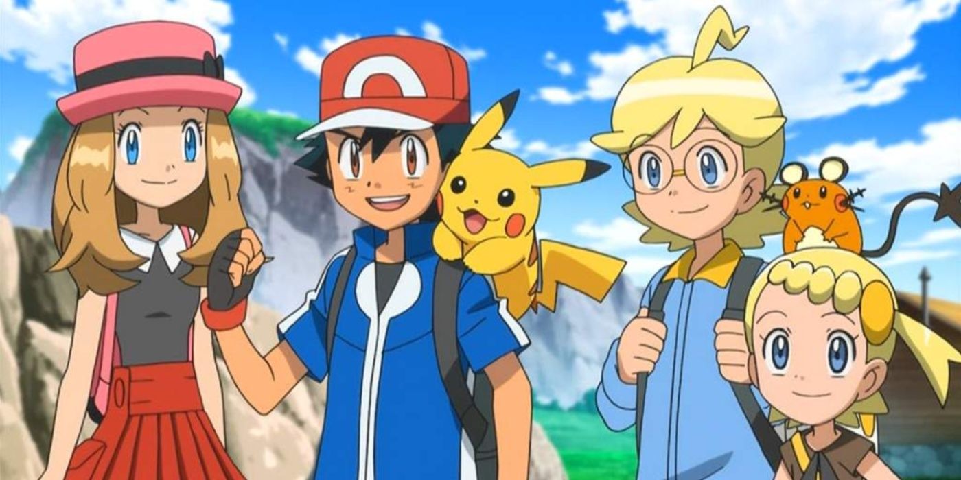 Ash e seus amigos juntos sorrindo no anime Pokemon XY.