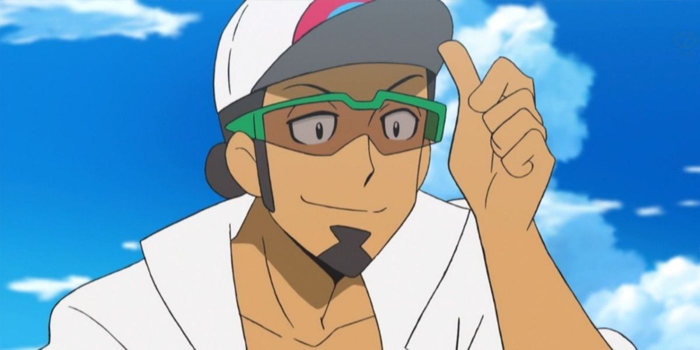 O professor Kukui está ajustando seu chapéu e sorrindo no anime Pokémon.