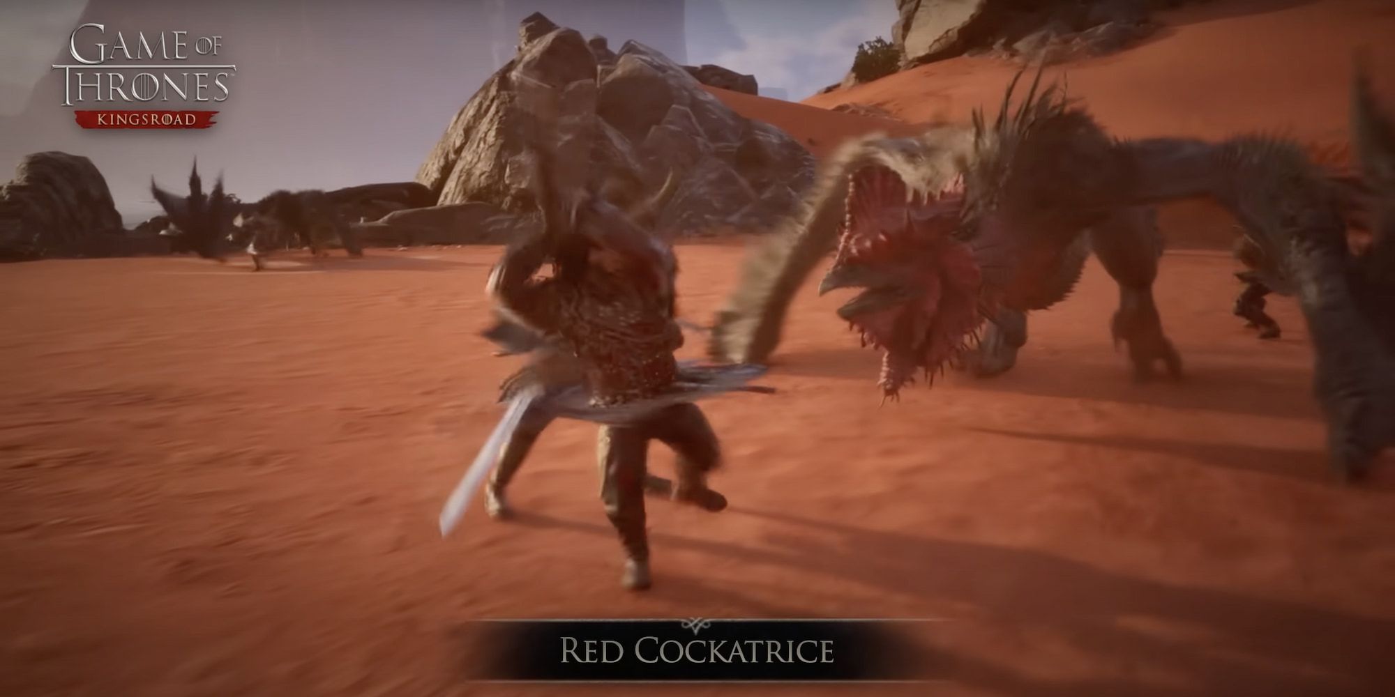 red cockatrice getting struck by a player with a battle axe