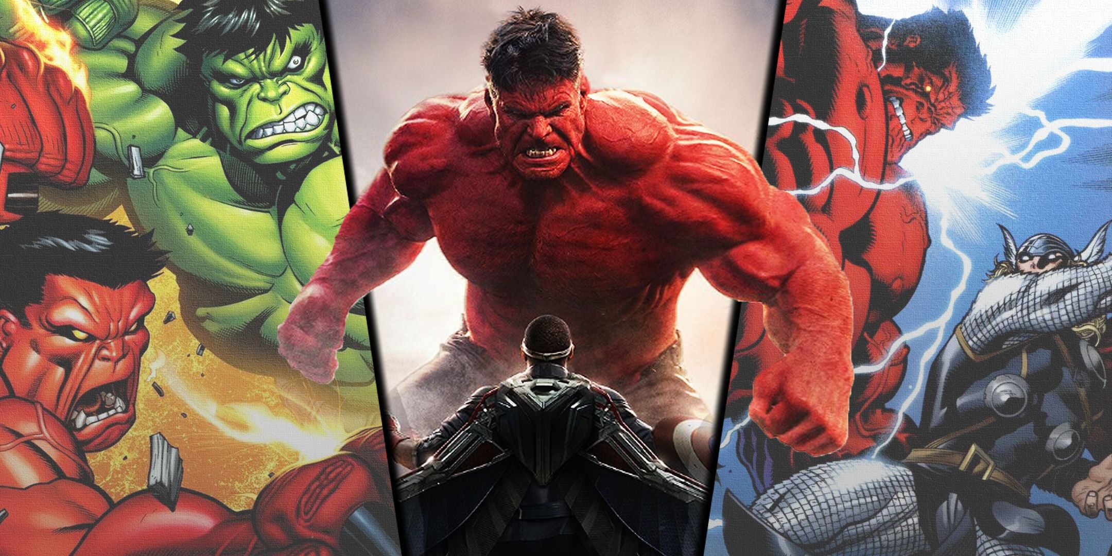 Split image of Red Hulk fighting Hulk, Captain America, and Thor from the MCU and Marvel Comics