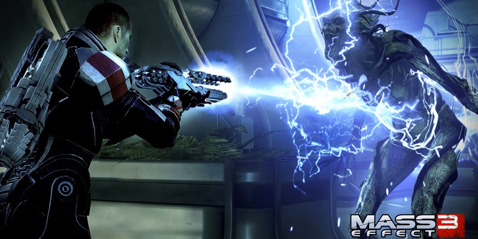 Um jogador dispara a espingarda Reegar Carbine em um inimigo em Mass Effect 3