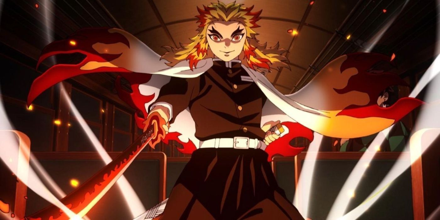 Kyojuro Rengoku from Demon Slayer has his sword out and pointed forward as sparks fly around him.