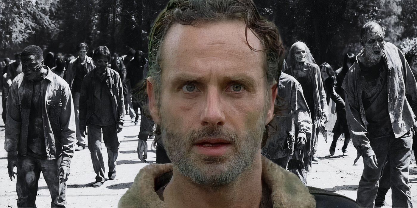 Rick Grimes from The Walking Dead in front of a black and white image of walkers.