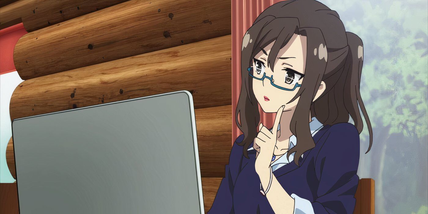 Sanae Kouzuki on a computer in Sakura Quest