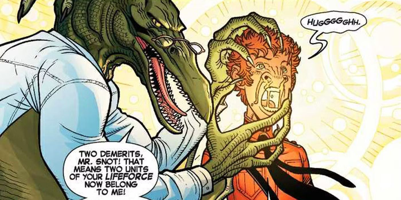 Sauron transforming a kid into a dinosaur in Marvel
