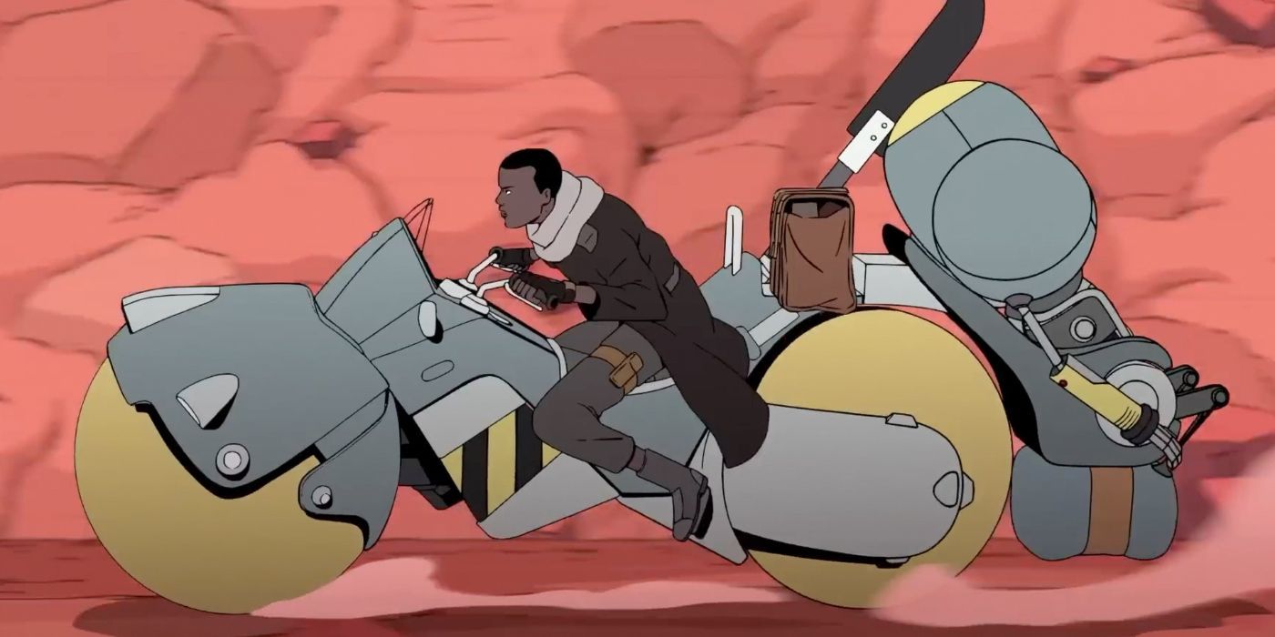 Azi riding a cycle with Levi from the show Scavengers Reign