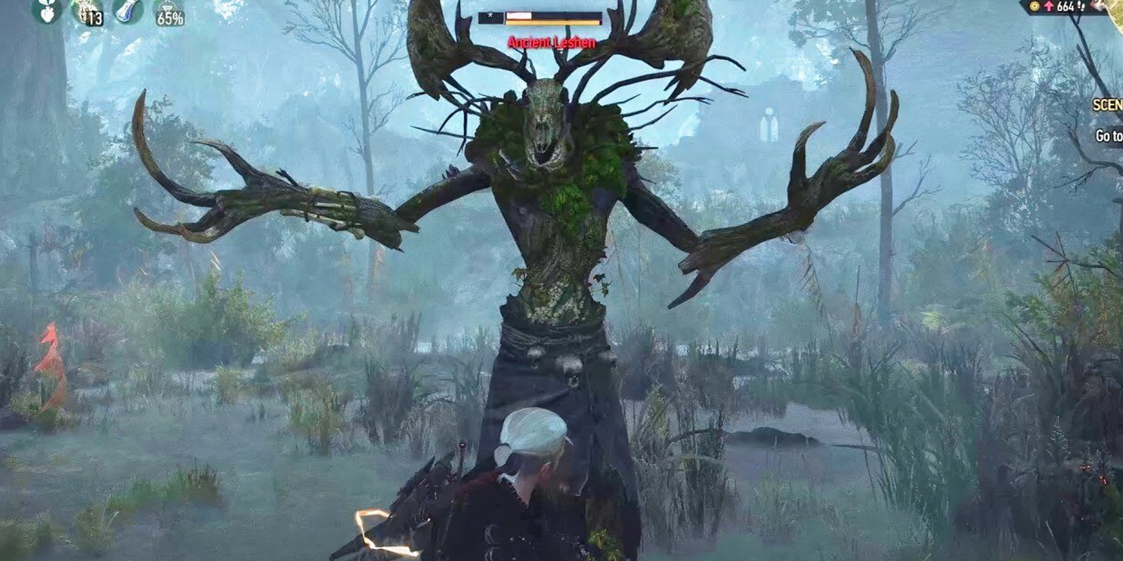 Geralt luta contra o Leshen no Witcher 3.