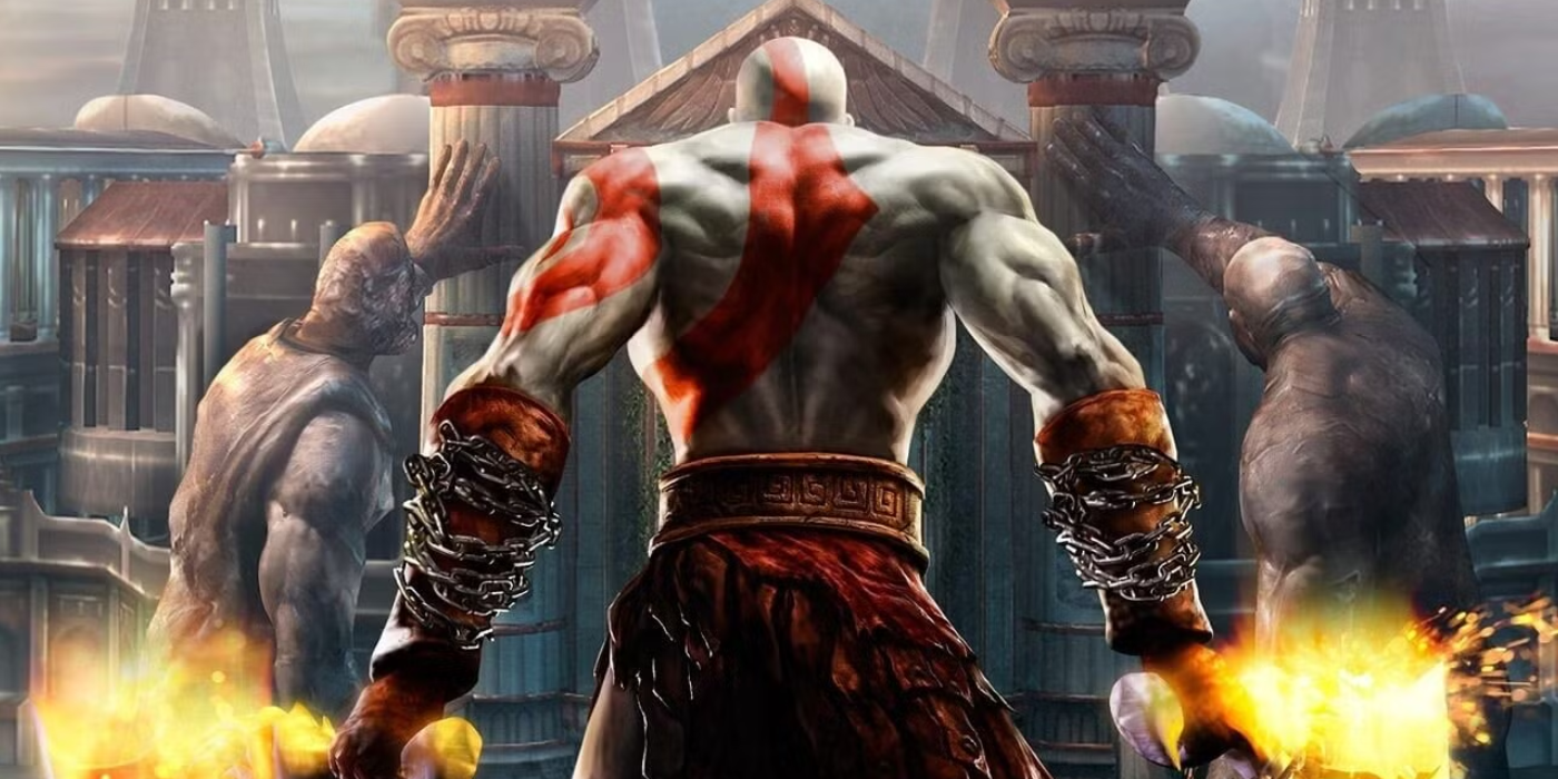 Kratos holds his swords in God of War.