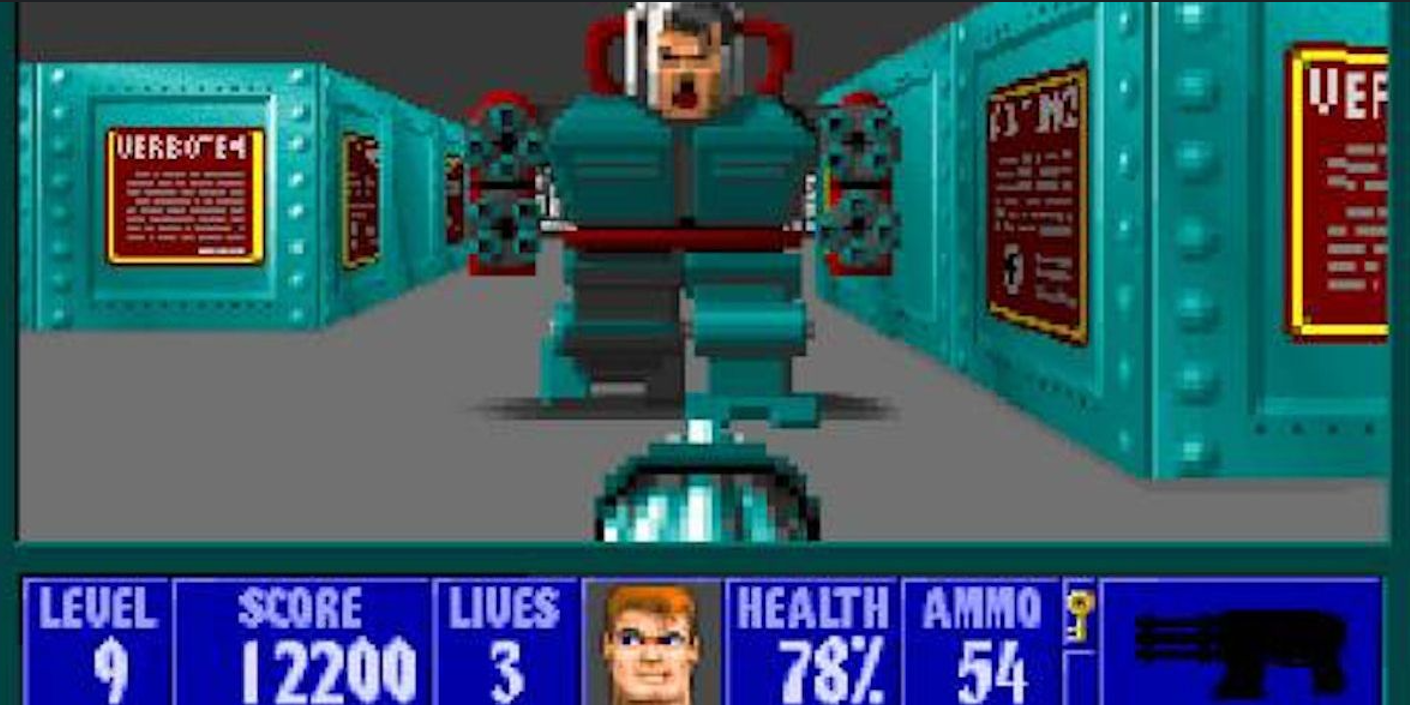 Ekran görüntüsü, kahramanın Wolfenstein 3D'sinin mekanize bir Hitler'i ateşlediğini gösteriyor.