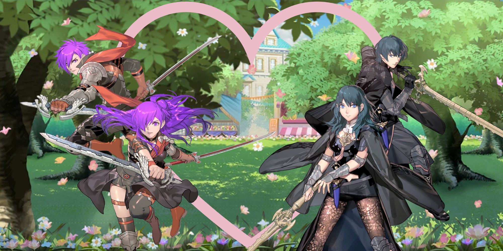 Shez masculino e feminino com byleth masculino e feminino de Fire Emblem três casas