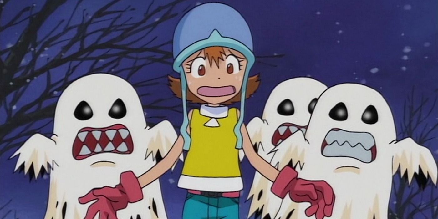 Digimon Adventure'da Bakemon ile çevrili Sora