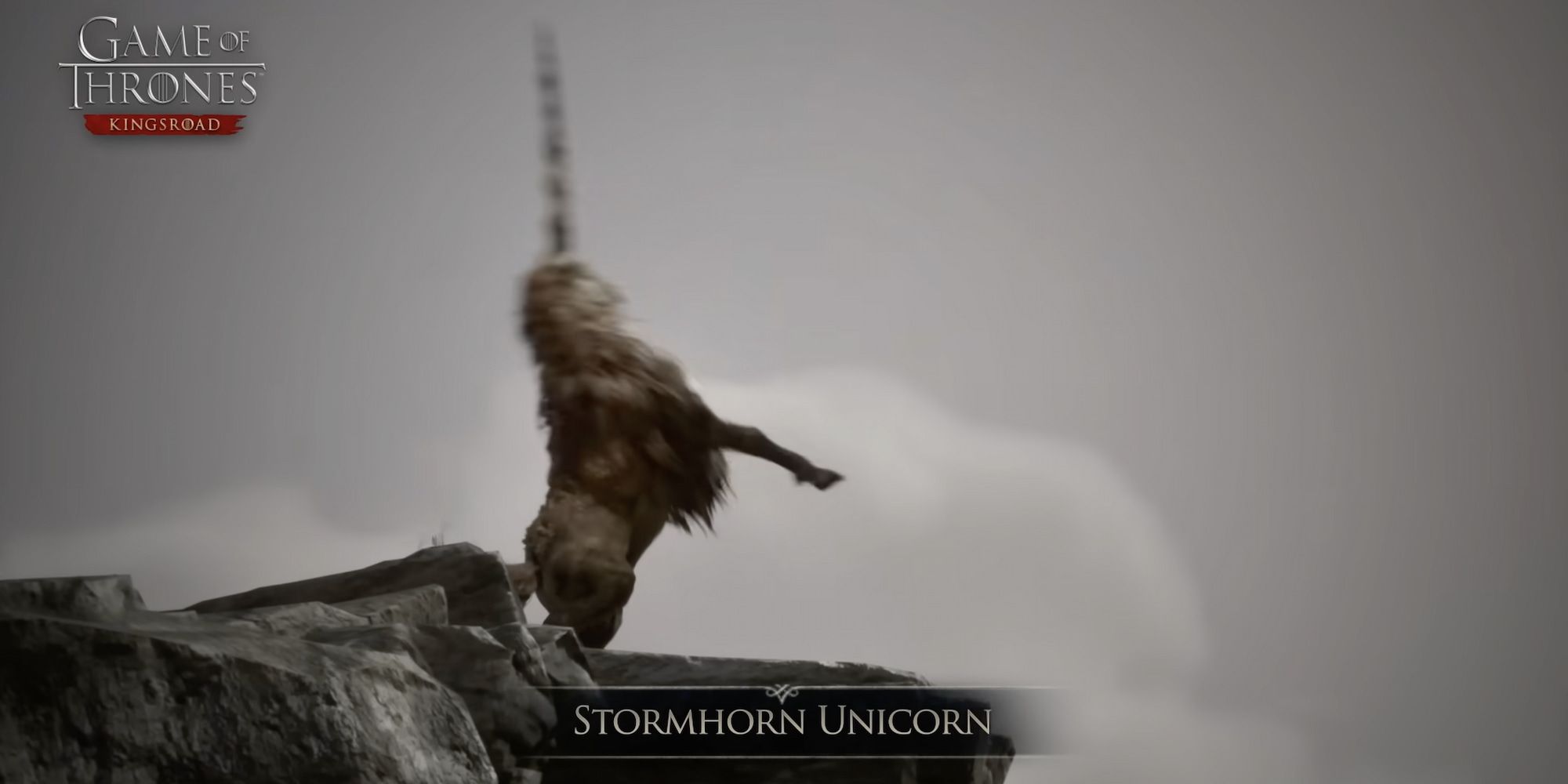 stormhorn unicorn rearing at the top of a cliff