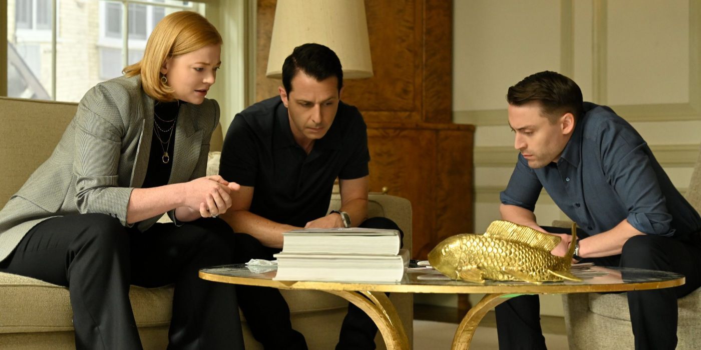 Kieran Culkin as Roman Roy, Sarah Snook as Siobhan "Shiv" Roy and Jeremy Strong as Kendall Roy from the show Succession