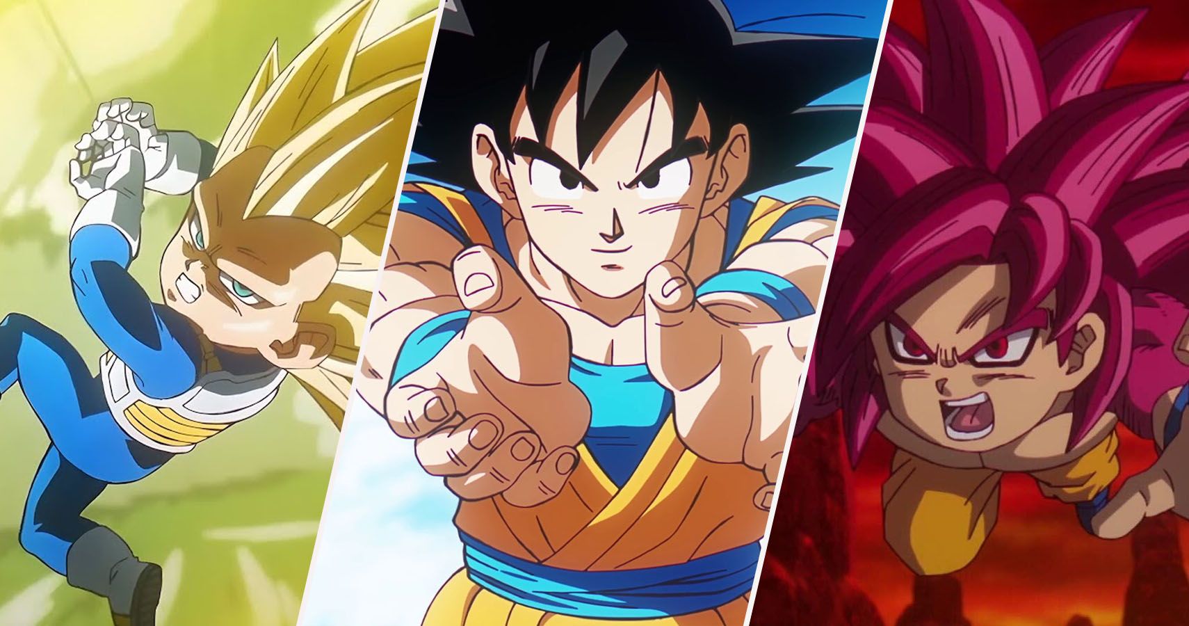 Super Saiyan 3 Vegeta, Goku Adult y SSJ4 Mini Goku de Dragon Ball daima
