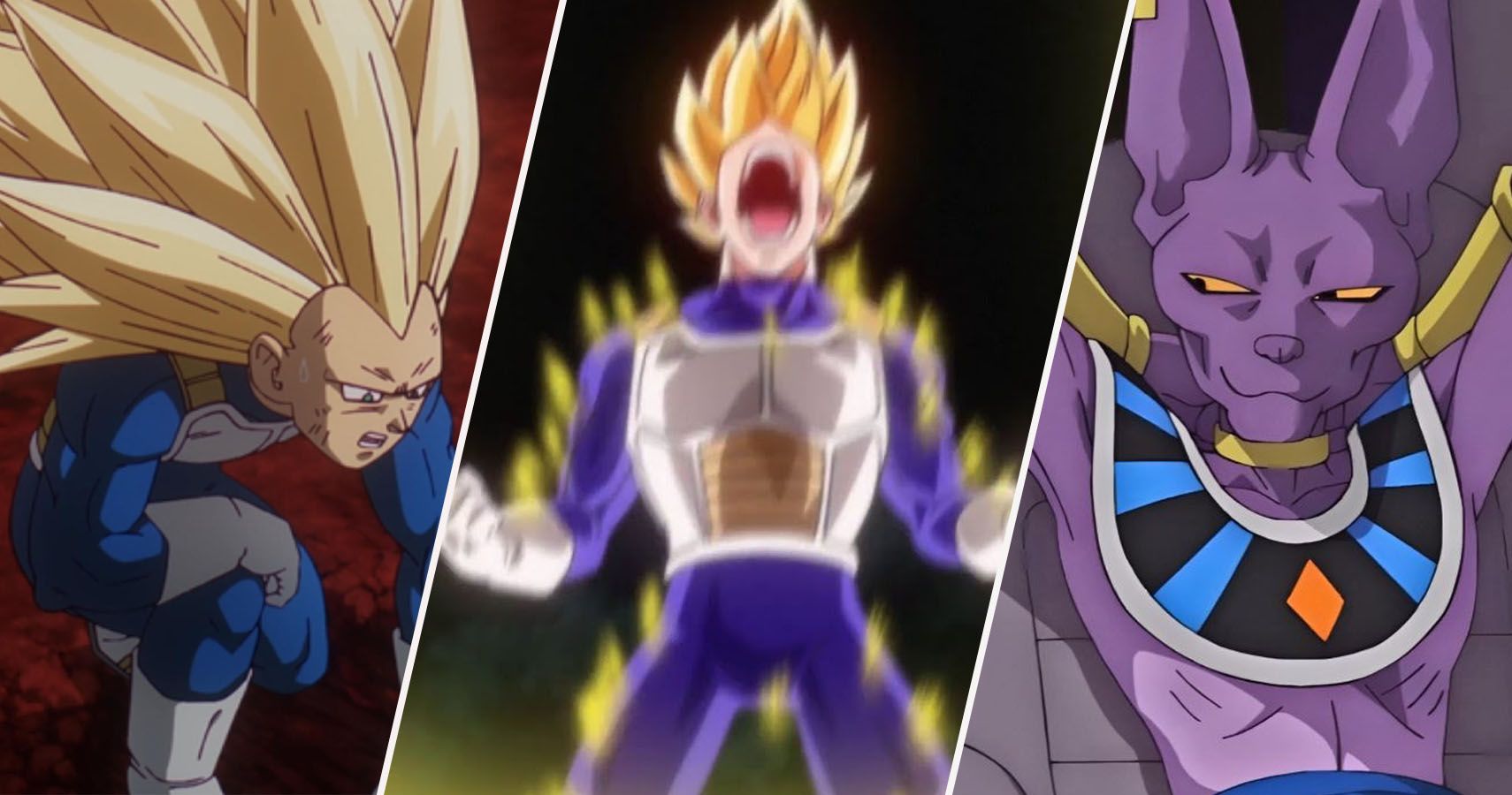 Super Saiyan 3 Vegeta kneeling in pain, Super Saiyan 2 Vegeta screaming That's My Bulma, and Beerus smirking