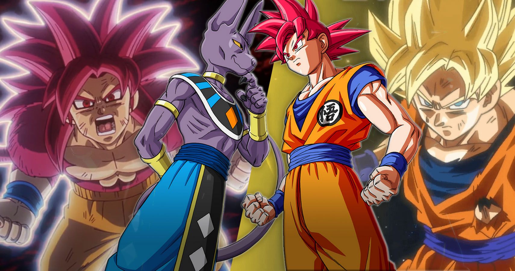 Super Saiyan 4 Adult Goku, Beerus, Super Saiyan God Goku, and Super Saiyan 1 Goku from Dragon Ball DAIMA, Dragon Ball Z Battle of Gods, and Dragon Ball Super