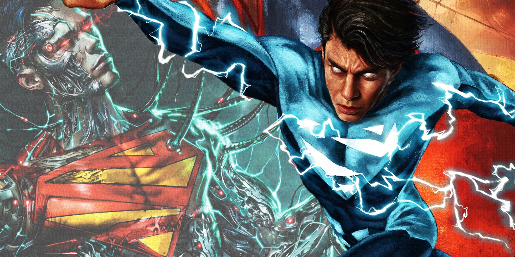 Split image of Jon Kent as a cyborg and in his Superman energy form from DC Comics