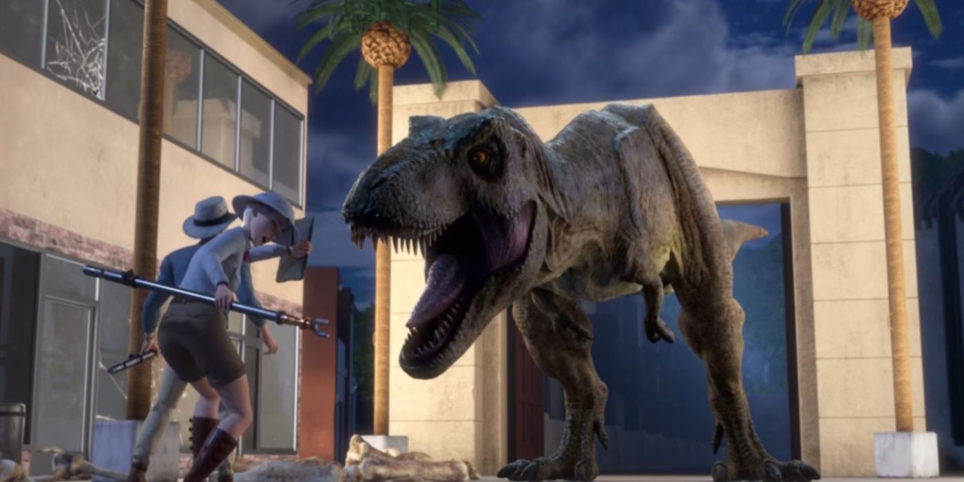 T-Rex, Jurassic World: Camp Kretase'de iki karakterde kükrüyor.