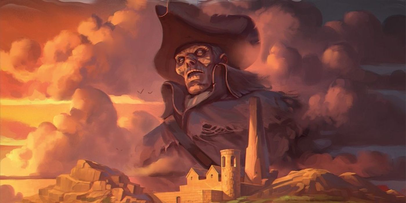 Ilustração de Tammeraut’s Fate na campanha Ghosts of Saltmarsh com a figura imponente de um capitão morto-vivo
