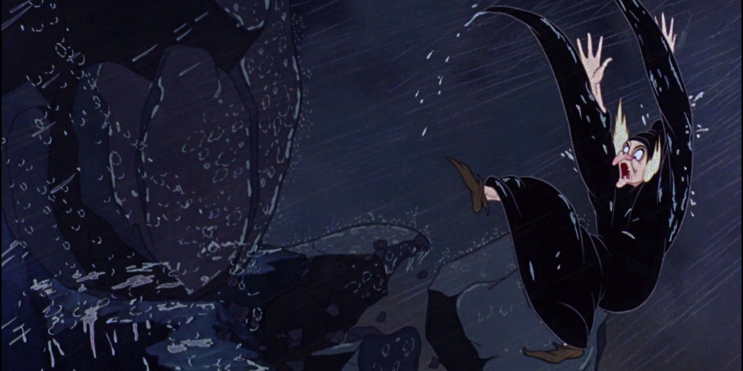 The Evil Queen disguised as an old crone falling off a cliff in Snow White and the Seven Dwarfs.