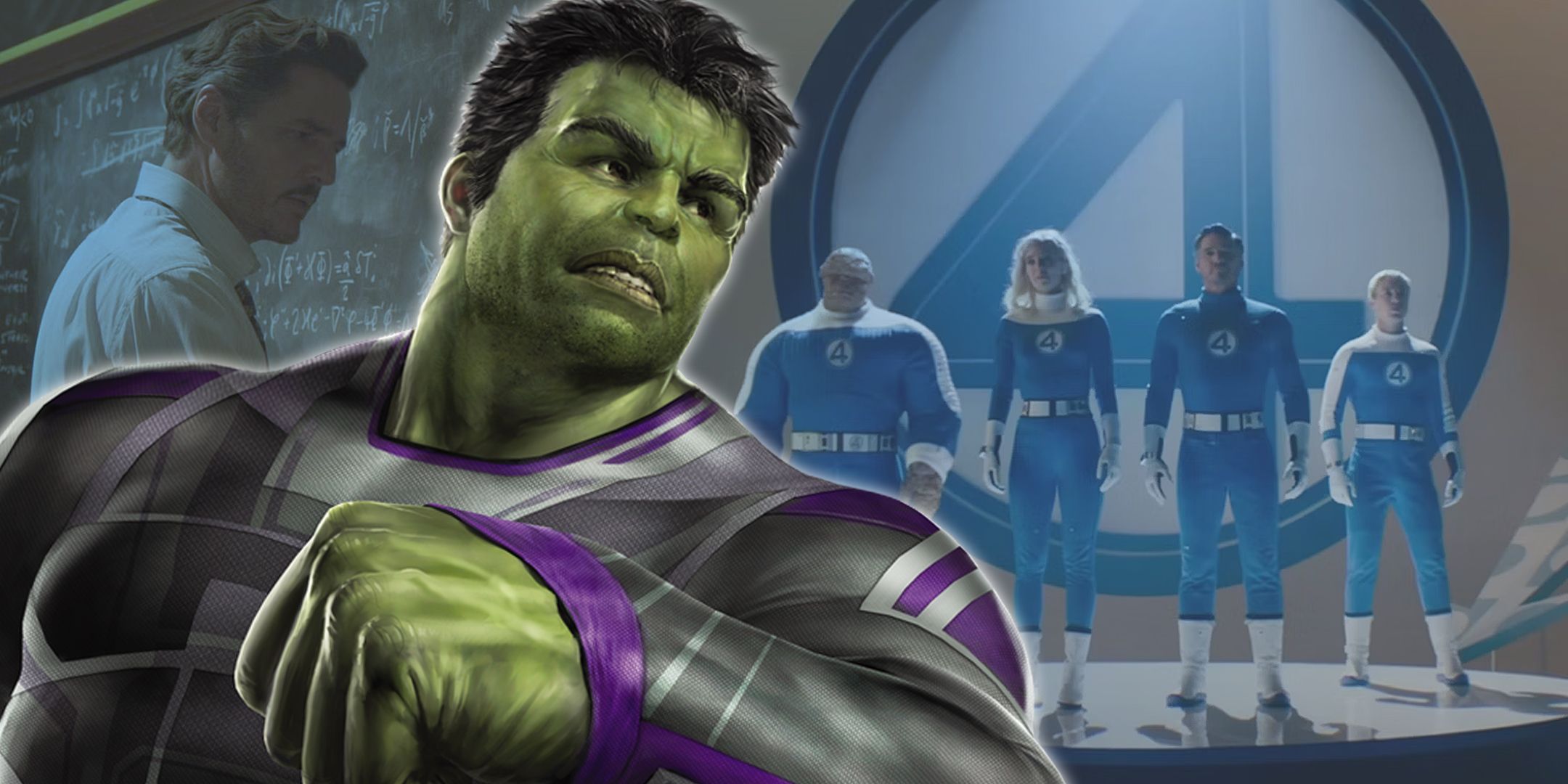 Split image of MCU Hulk with Reed Richards and the Fantastic Four in the background