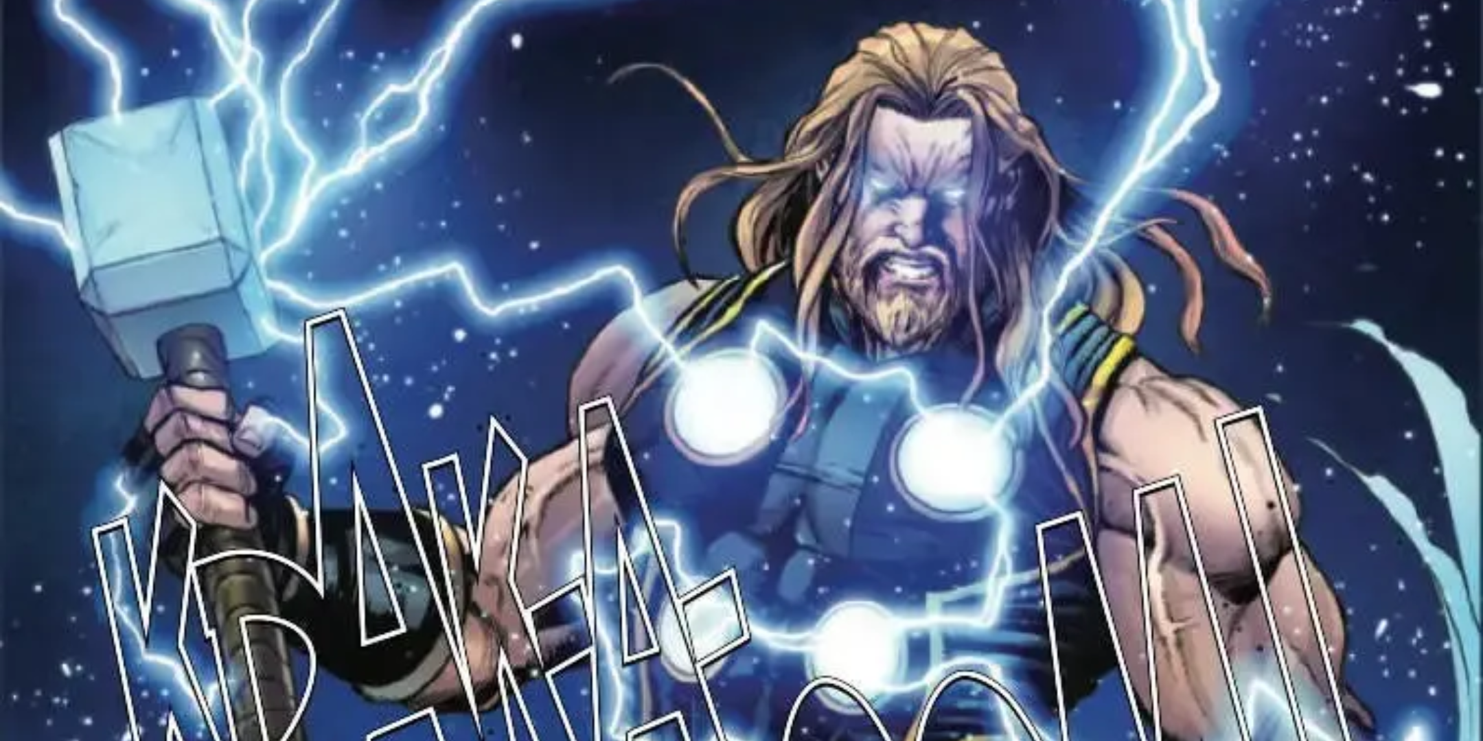 Os Ultimates Thor segurando Mjolnir e produzindo grandes quantidades de raios.