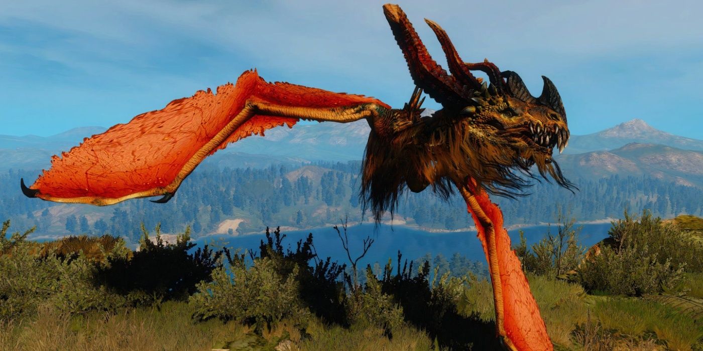 Uma Wyvern real voa no alto do Witcher 3.