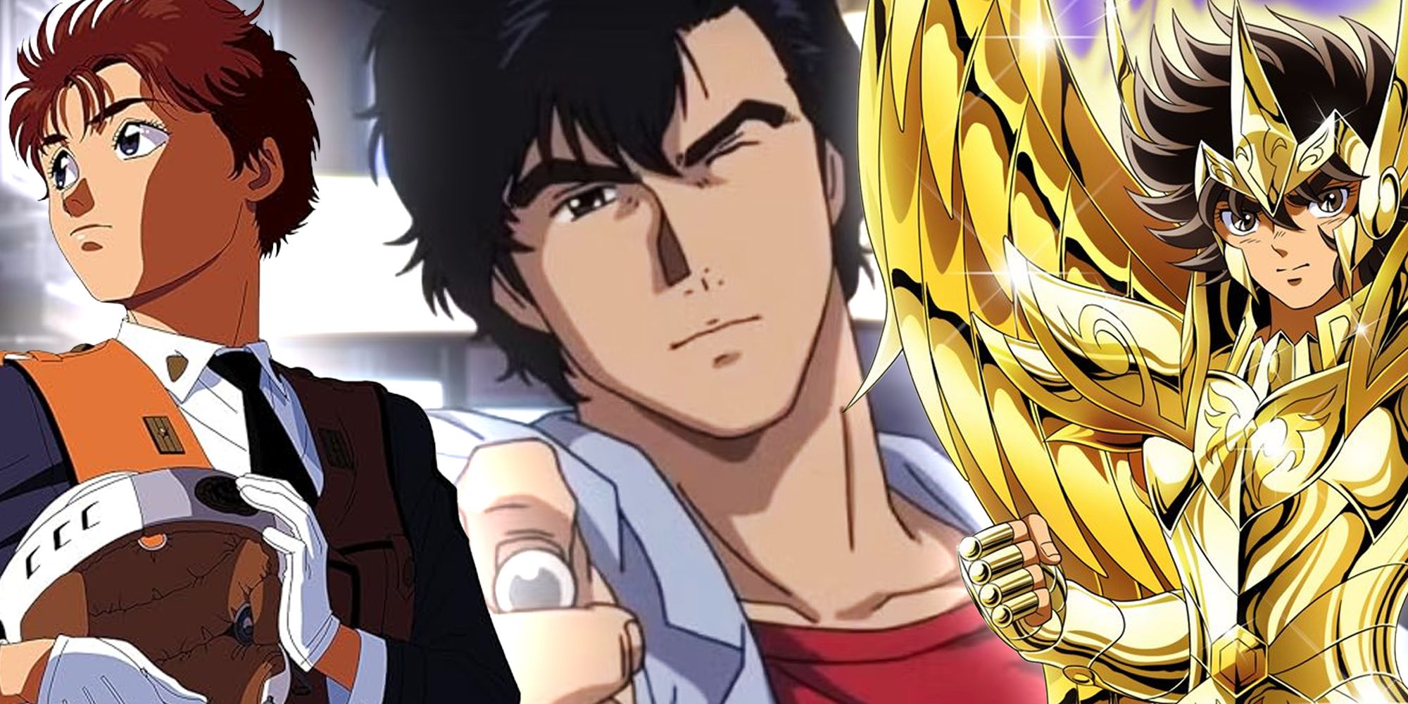 Three-way image of Patlabor, City Hunter, and Saint Seiya