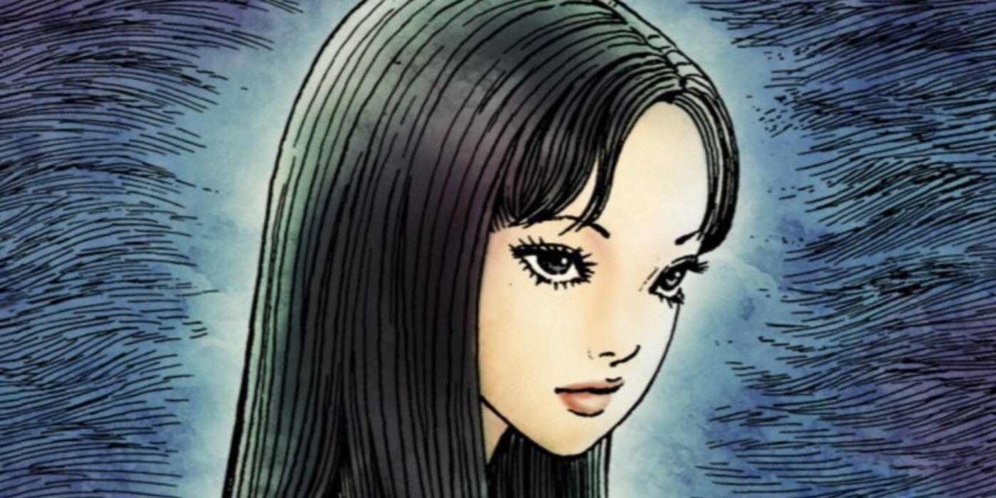 A full-color illustration of Tomie as she gives the viewer an eerie stare