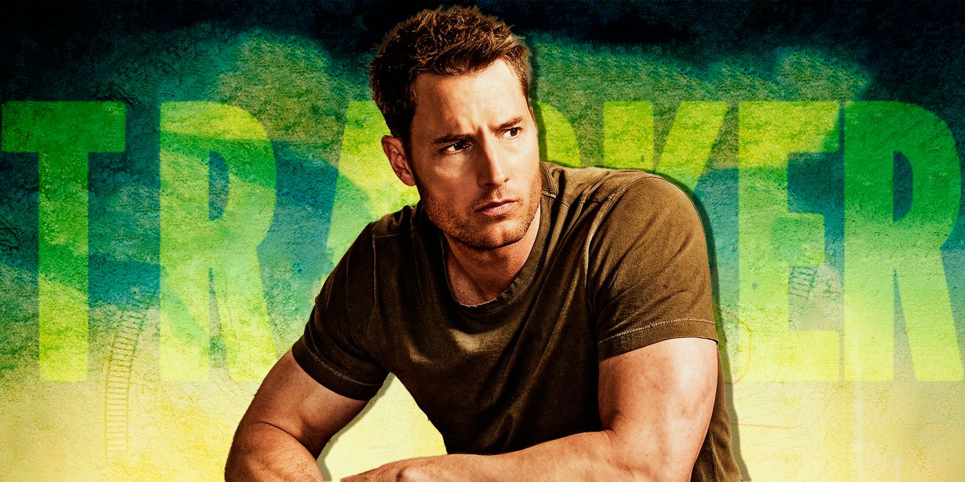 Colter Shaw (Justin Hartley) crouching, wearing a brown shirt in front of Tracker TV show logo