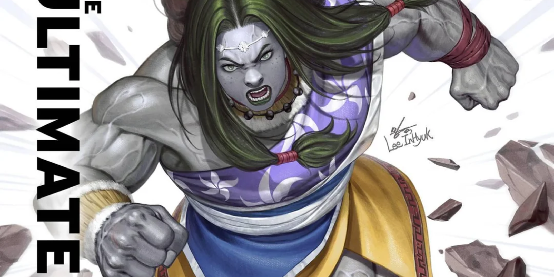 Os Ultimates She-Hulk estourando pela capa do Ultimates #3.