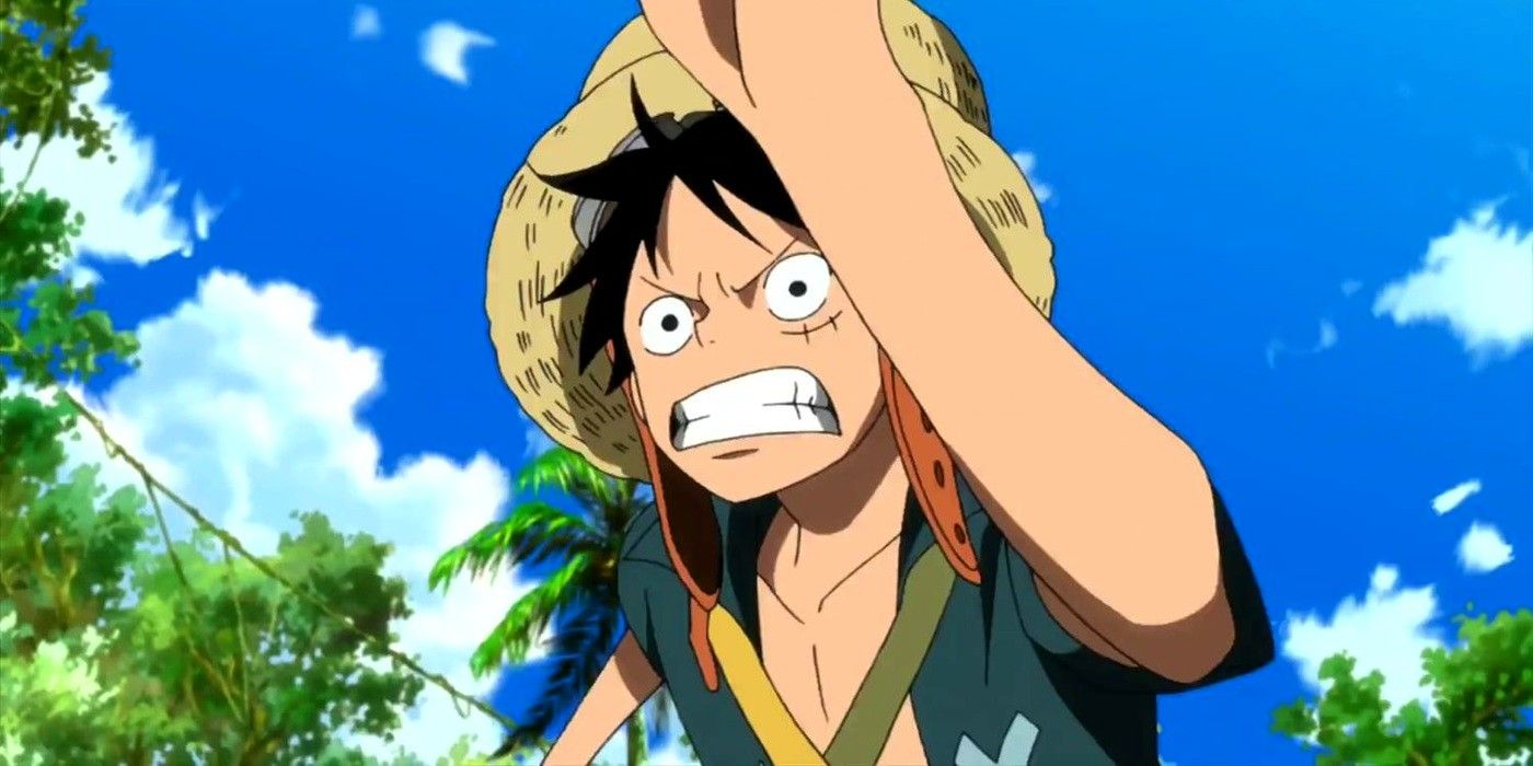 Luffy looking upset in the One Piece Film: Strong World anime movie